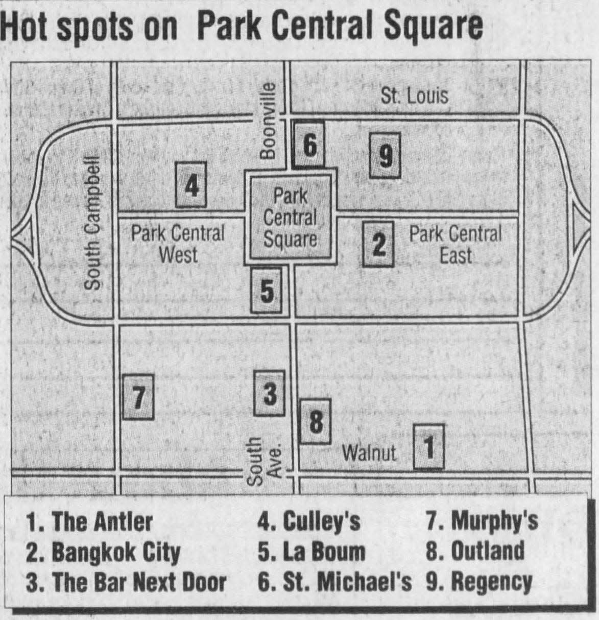 A map illustrating "Hot spots on Park Central Square" from the News-Leader on Sept. 9, 1993. The Outland was among nine venues listed on the map.
