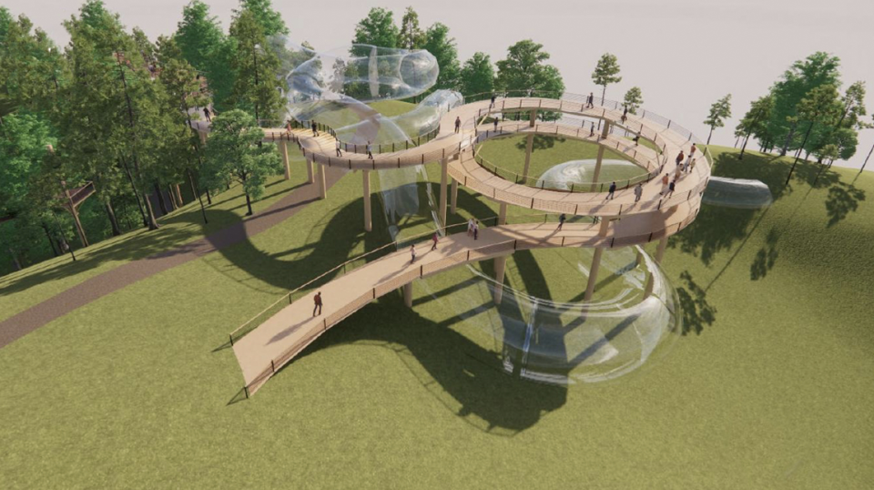 A rendering of SkyLand's bridge. The 40-foot-tall structure will give a view of the Smokies and the mountain coaster will run through it.