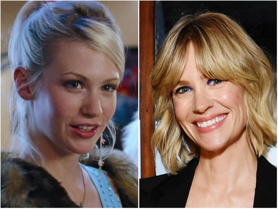 January Jones in ‘Love Actually’ and in 2022 (Universal, Getty)