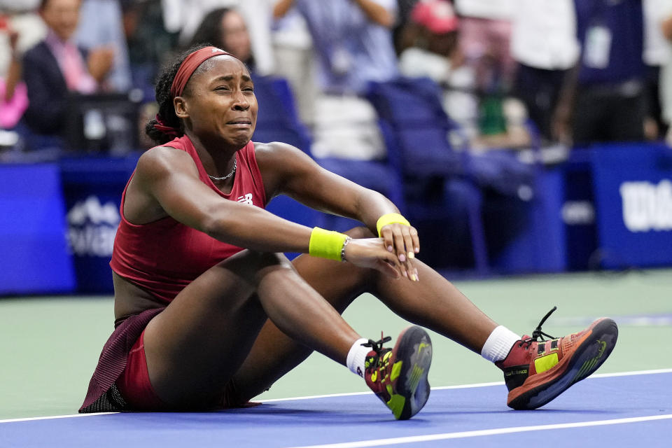 Coco Gauff, of the United States, reacts after defeating Aryna Sabalenka, of Belarus, to win the women's singles final of the U.S. Open tennis championships, Saturday, Sept. 9, 2023, in New York. (AP Photo/Manu Fernandez)