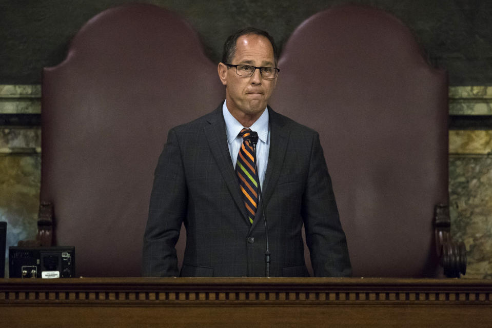 Pennsylvania Senate President Pro Tempore Joe Scarnati speaks before Pennsylvania lawmakers who came together in an unusual joint session to commemorate the victims of the Pittsburgh synagogue attack that killed 11 people last year, Wednesday, April 10, 2019, at the state Capitol in Harrisburg, Pa. (AP Photo/Matt Rourke)