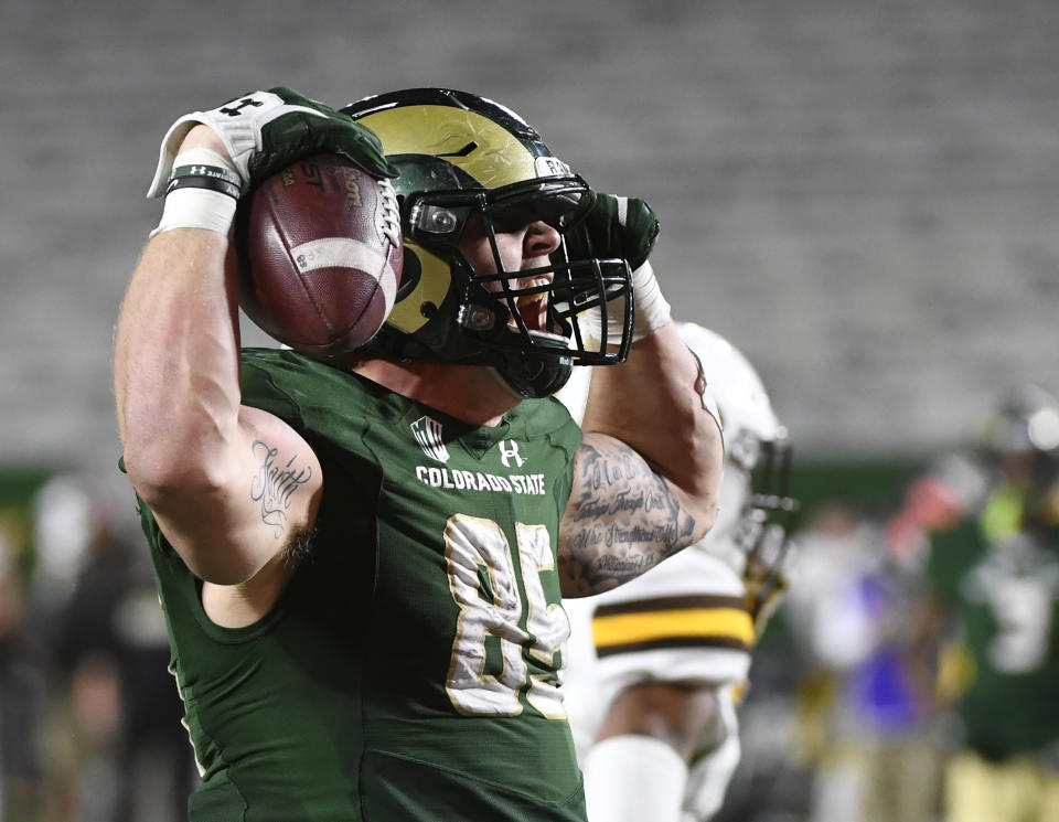 Colorado State TE Trey McBride caught 90 passes in a breakout 2021 season. (Photo by Andy Cross/MediaNews Group/The Denver Post via Getty Images)