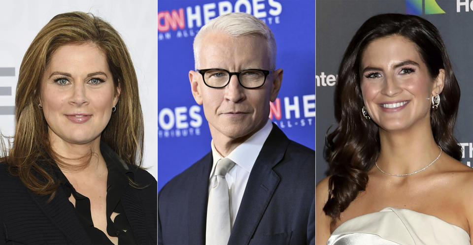 This combination of photos show, from left, Erin Burnett, Anderson Cooper and Kaitlan Collins who host back-to-back weeknight shows on CNN beginning at 7 p.m. (AP Photo)
