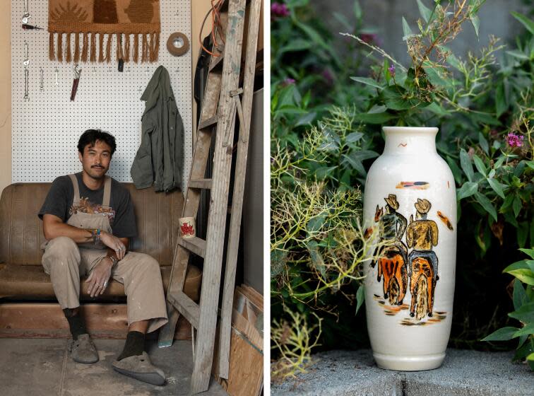 LOS ANGELES, CA - JULY 19: Portrait of Daniel Dooreck inside his ceramics studio (Danny D's Mudshop), left, and a vase he created, right, in Echo Park on Wednesday, July 19, 2023 in Los Angeles, CA. (Mariah Tauger / Los Angeles Times)
