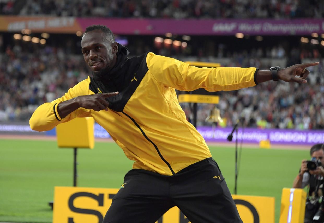 Aug 13, 2017; London, United Kingdom; Usain Bolt (JAM) poses during a farewell retirement victory lap during the IAAF World Championships in Athletics at London Stadium at Queen Elizabeth Park. Mandatory Credit: Kirby Lee-USA TODAY Sports