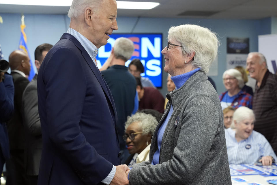 President Joe Biden greets supporters after speaking at the Washoe Democratic Party Office in Reno, Nev., Tuesday March 19, 2024. (AP Photo/Jacquelyn Martin)