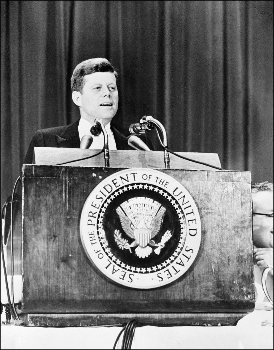 John Fitzgerald Kennedy delivers a speech at the Waldorf Astoria hotel in New York city, 29 April 1961.  