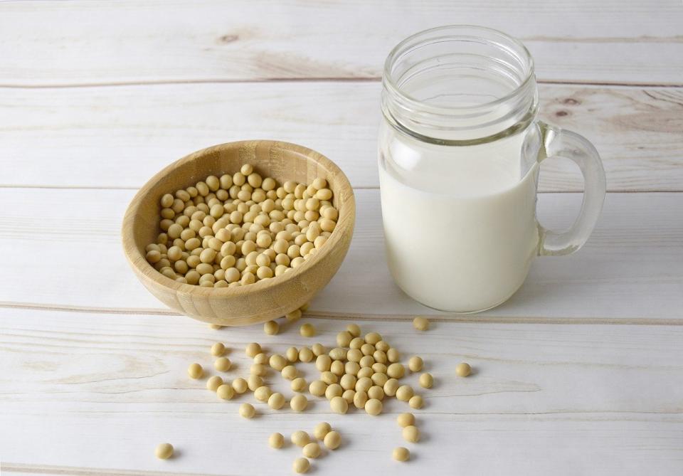 <p>One cup of unsweetened, original soy milk has 110 calories, 8 grams of protein and considerable levels of calcium and vitamin D. Soy milk also has small amounts of iron and offers nearly 50% of the daily recommended value of B12, which is generally lacking for vegans and in many plant-based diets. Soy milk is cholesterol-free and low in saturated fat. It is one of few non-dairy milks with a comparable protein content to cow’s milk.</p> 