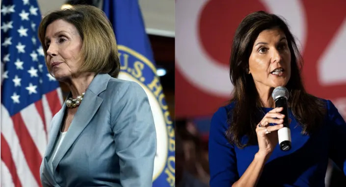 Left: Nancy Pelosi in a blue jacket standing by a US flag; right: Nikki Haley in a dark blue dress holding a microphone