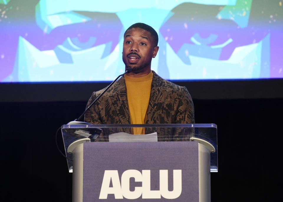 Actor Michael B. Jordan addresses the audience at the ACLU SoCal's 25th Annual Luncheon at the JW Marriott at LA Live, Friday, June 7, 2019, in Los Angeles. (Photo by Chris Pizzello/Invision/AP)