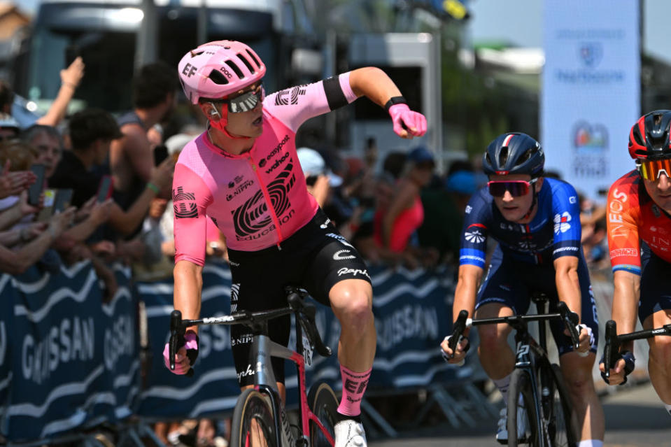 GRUISSAN FRANCE  JUNE 15 Marijn van den Berg of The Netherlands and Team EF EducationEasyPost  celebrates at finish line as stage winner during the 47th La Route DOccitanieLa Depeche Du Midi 2023 Stage 1 a 1843km stage from Narbonne to Gruissan on June 15 2023 in Gruissan France Photo by Luc ClaessenGetty Images