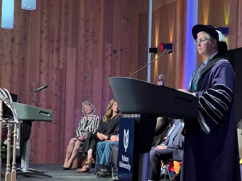 Yukon University President Lesley Brown's official instalment took place at the Kwänlin Dün Cultural Centre in Whitehorse on Friday.  (Sissi De Flaviis/CBC - image credit)