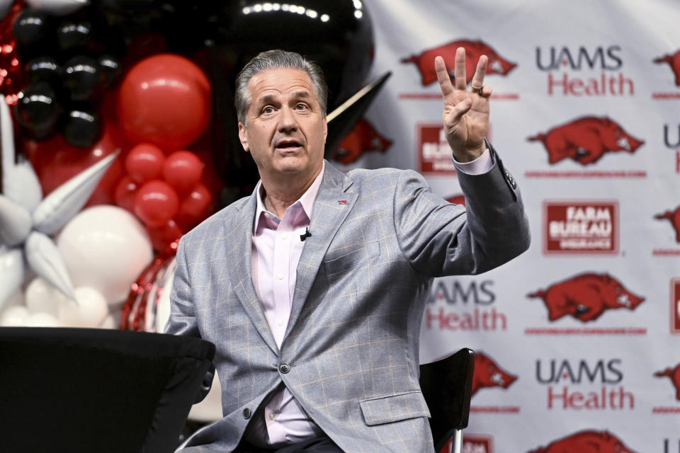 John Calipari answers questions after being introduced as Arkansas men's basketball coach Wednesday, April 10, 2024, in Fayetteville, Ark. (AP Photo/Michael Woods)