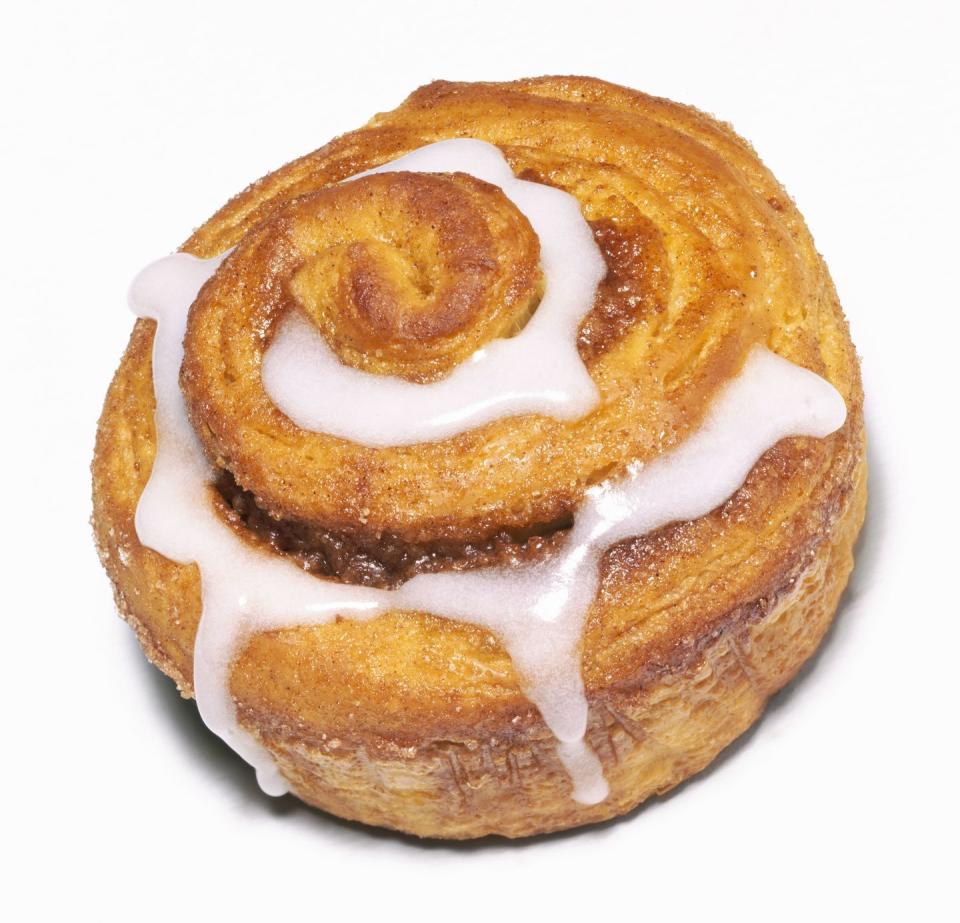 <p>A standard cinnamon bun can max out your calorie, fat, and sugar counts for the day. A smaller, mini sized cinnamon bun is a bit of a better choice, but this is still a very calorically dense treat.</p>