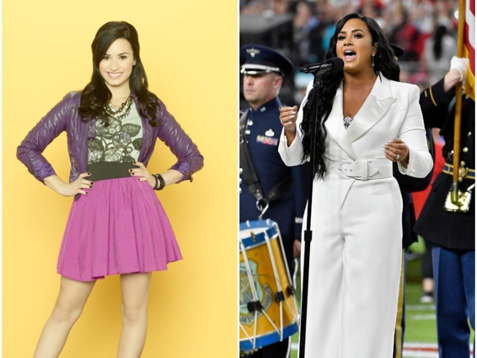 Demi Lovato in 2009 and in 2020 performing a Super Bowl LIV.