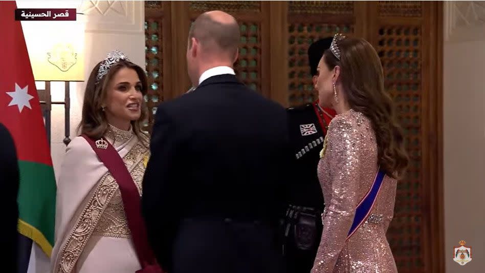 The Prince and Princess of Wales greeted Queen Rania ahead of the banquet