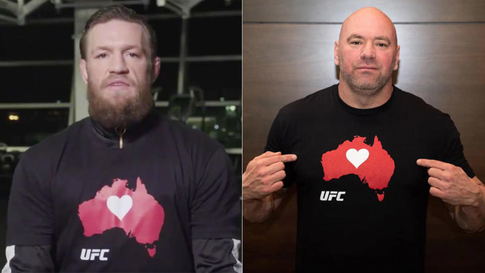 Conor McGregor and Dana White wearing bushfire relief appeal T-shirts.