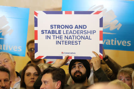 Britain's Prime Minster Theresa May delivers a stump speech at Netherton Conservative Club during the Conservative Party's election campaign, in Dudley April 22, 2017. REUTERS/Chris Radburn/Pool