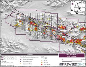 Map 5 – Oro and Sol Properties – Lead Geochemistry: Widespread soil geochemical sampling dataset across the Oro property include several potential zinc, lead and silver targets. Lead-in-soil map includes several targets south and west of the Oro Main target.