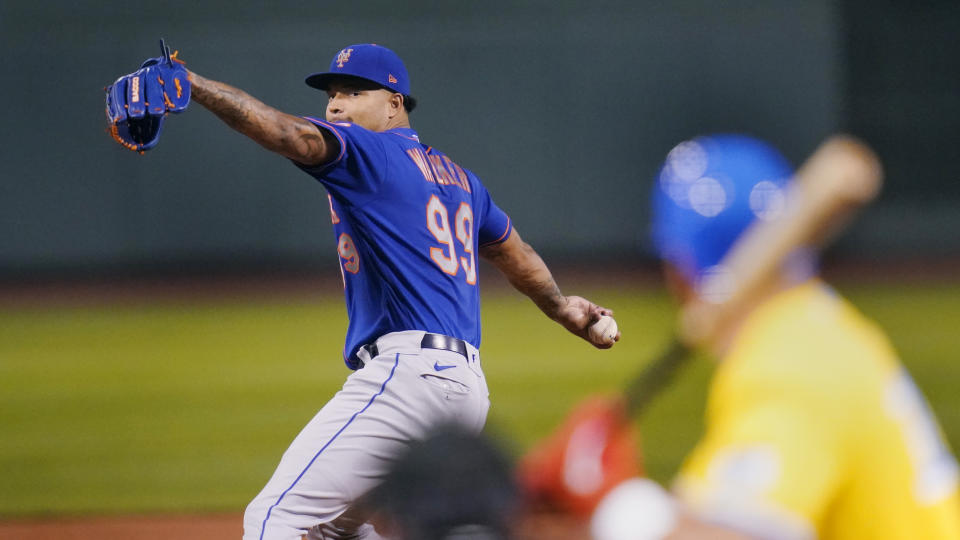 New York Mets starting pitcher Taijuan Walker delivers during the first inning of a baseball game against the Boston Red Sox at Fenway Park, Wednesday, Sept. 22, 2021, in Boston. (AP Photo/Charles Krupa)