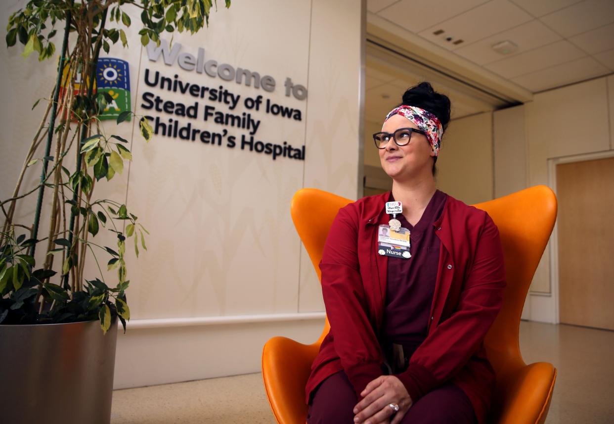 Stephanie Amundson, a NICU nurse, is pictured Friday, April 5, 2024, at the University of Iowa Stead Family Children’s Hospital in Iowa City, Iowa.
