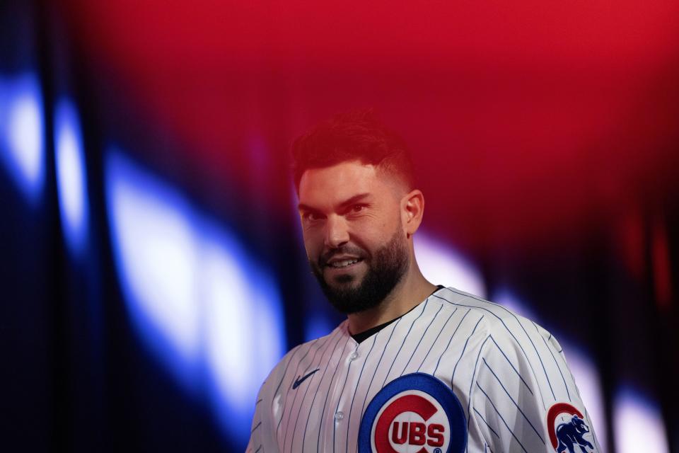 CORRECTS TO FIRST BASEMAN, INSTEAD OF SECOND BASEMAN - Chicago Cubs first baseman Eric Hosmer takes the stage on the opening day of the baseball team's fan convention Friday, Jan. 13, 2023, in Chicago. (AP Photo/Erin Hooley)