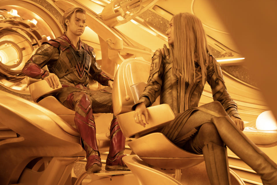(L-R): Will Poulter as Adam Warlock and Elizabeth Debicki as Ayesha in Marvel Studios' Guardians of the Galaxy Vol. 3. Photo by Jessica Miglio. Â© 2023 MARVEL.
