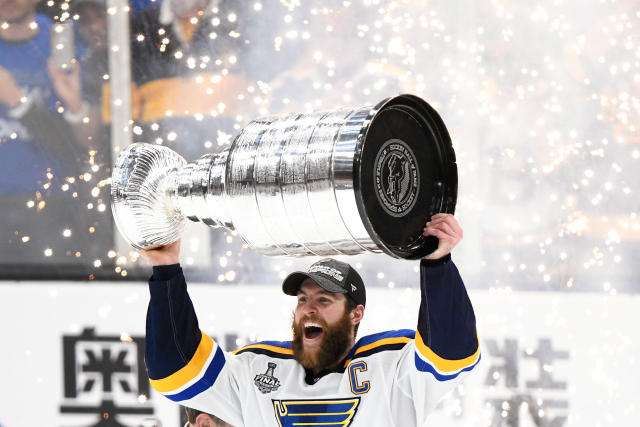 Jun 12, 2019; Boston, MA, USA; St. Louis Blues defenseman Alex Pietrangelo (27) holds the Stanley Cup after the Blues defeated the Boston Bruins in game seven of the 2019 Stanley Cup Final at TD Garden. Mandatory Credit: Brian Fluharty-USA TODAY Sports