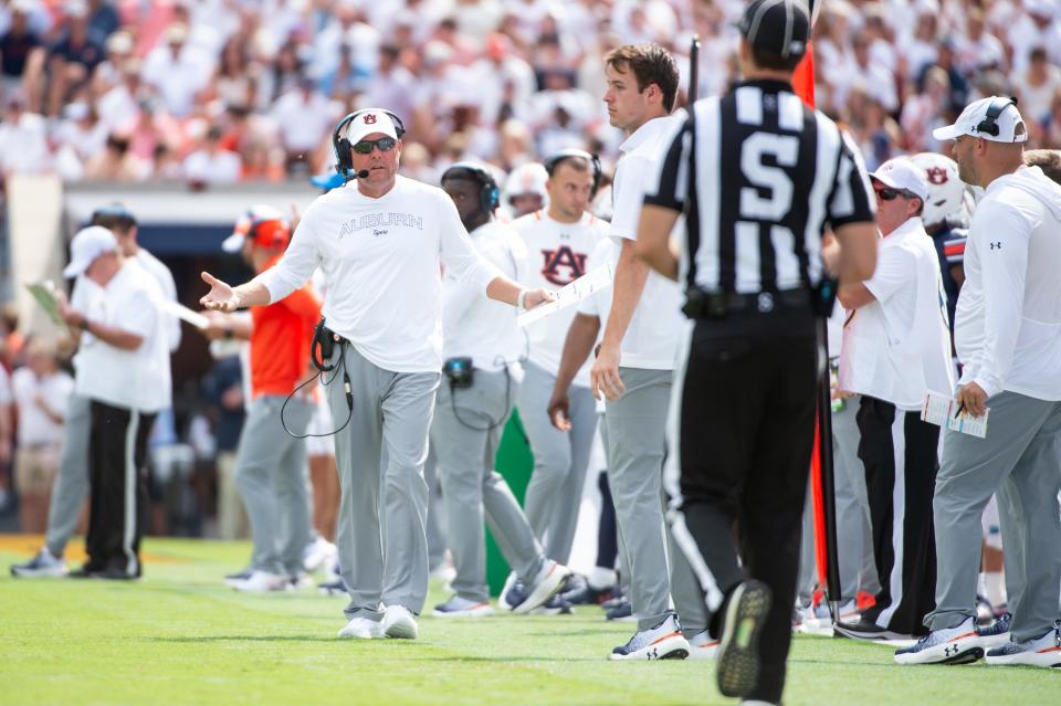 AUBURN, ALABAMA - SEPTEMBER 07: Head coach Hugh Freeze of the Auburn Tigers reacts to a penalty during the first half of their game against the California Golden Bears at Jordan-Hare Stadium on September 07, 2024 in Auburn, Alabama. (Photo by Michael Chang/Getty Images)