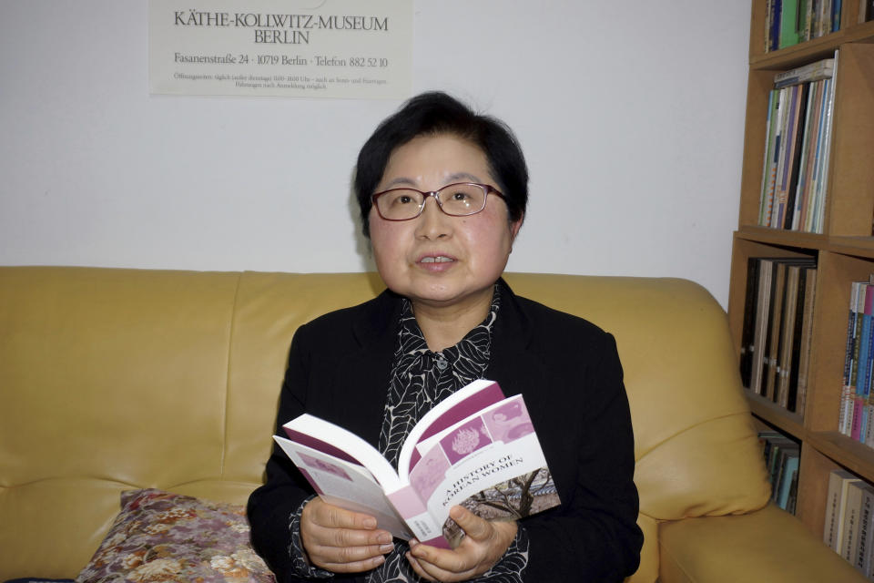 Chung Hyun-back, a scholar who once served as gender equality minister under current South Korean administration, talks about the history of female activism in South Korea at her office in Seoul, South Korea on Feb. 21, 2022. Scrapping the gender ministry could weaken women’s rights and “take a toll on democracy,” said Chung. (AP Photo/ Juwon Park)