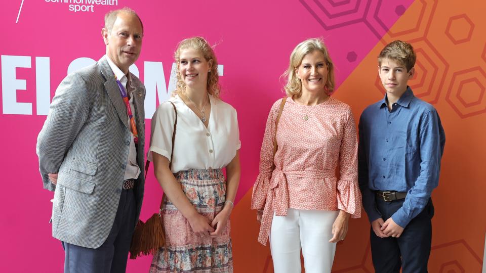 Prince Edward, Lady Louise Windsor, Sophie, Duchess of Edinburgh and James, Earl of Wessex pose for photographs at the Sandwell Aquatics Centre