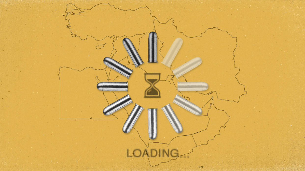  Map of the Middle East with a loading icon composed of bullets. 
