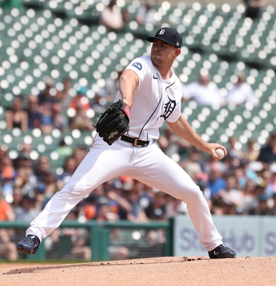 Detroit Tigers starter Tyler Alexander (70) pitches against the Colorado Rockies during first-inning action on Sunday, April 24, 2022, at Comerica Park in Detroit.