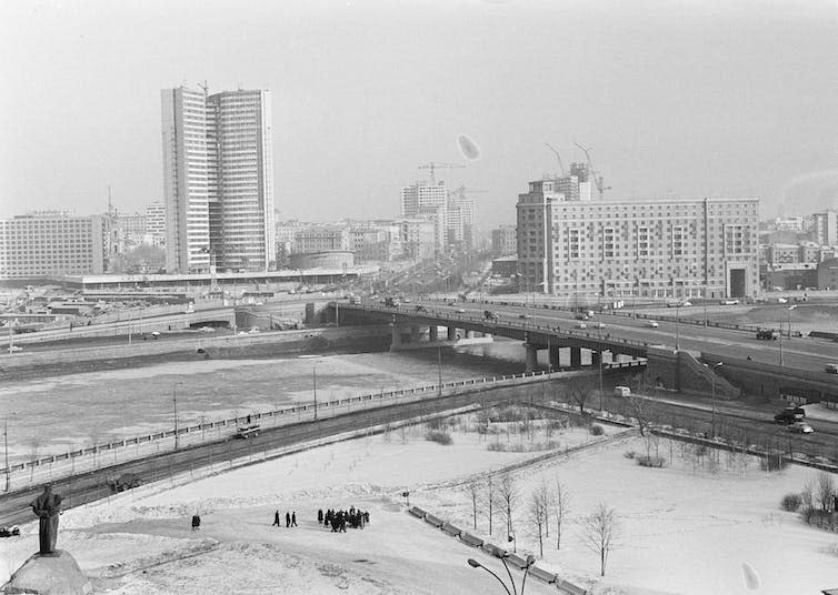 An archival photo in black and white of Moscow.