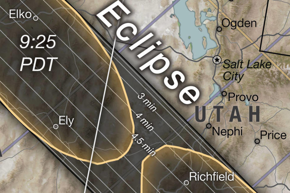 Close ups of a NASA solar eclipse map for October 2023 and April 2024