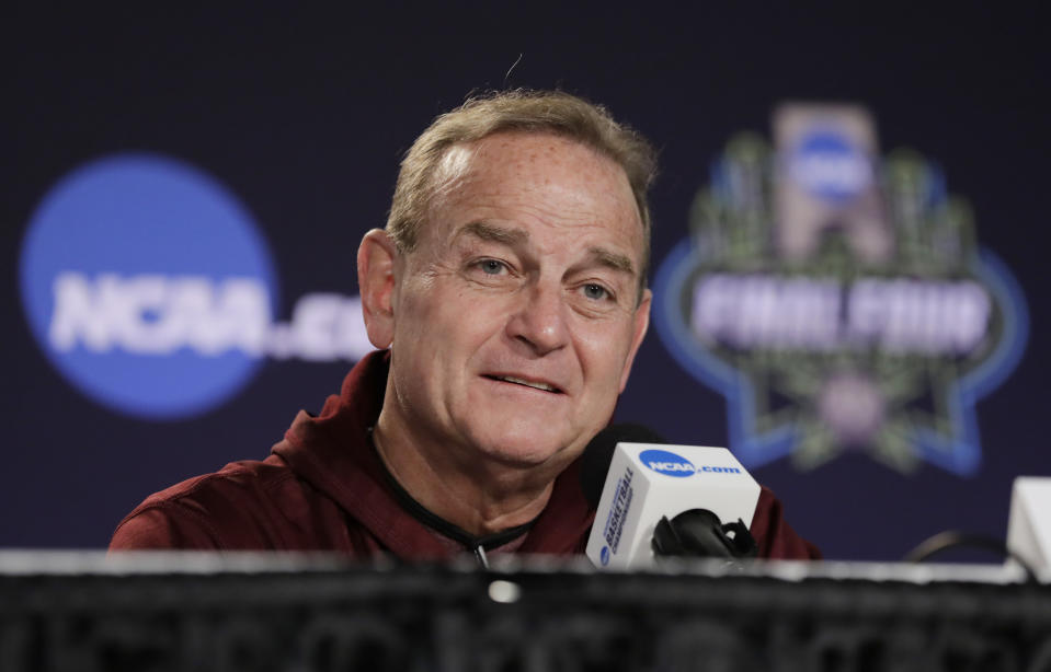 Mississippi State head coach Vic Schaefer takes part in a news conference at the women's Final Four college basketball tournament, Saturday, April 1, 2017, in Dallas. Mississippi State will play South Carolina on Sunday in the championship game. (AP Photo/Eric Gay)