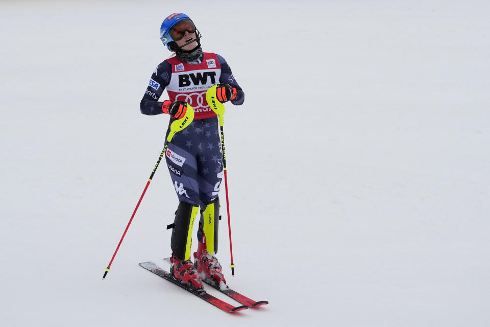 United States' Mikaela Shiffrin reacts after her second run in a World Cup slalom skiing race Sunday, Nov. 27, 2022, in Killington, Vt. (AP Photo/Robert F. Bukaty)