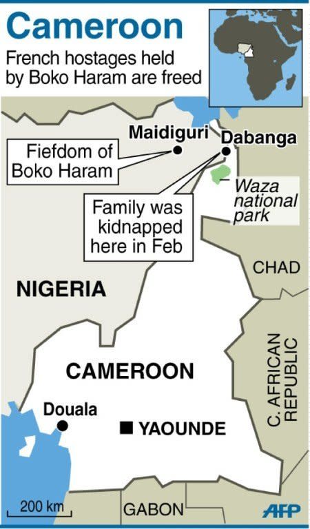 Map of Cameroon and NE Nigerias howing where a French family was kidnapped in February. Cameroon's President Paul Biya said in a statement read on national radio that the hostages -- who were seized by six gunmen on February 19 and taken to neighbouring Nigeria -- had been "handed over last night to Cameroonian authorities"