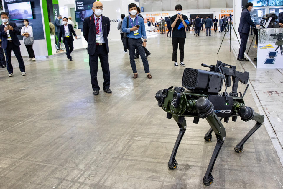 The Ghost Robotics Vision 60 exhibited during the Defense Expo Korea 2022, the biggest military weapon exhibition in the country, held at KINTEX (Korea International Exhibition and Convention Center) on September 21, 2022 in Goyang city, Gyeonggi, South Korea. The exhibition has been held every two years since 2014. This year, 350 companies are participating in the expo, an increase from 210 in 2020. This year, major military officers including defense ministers from 43 countries including Saudi Arabia, the United Arab Emirates, Slovakia and Romania are visiting. (Photo by Chris Jung/NurPhoto)