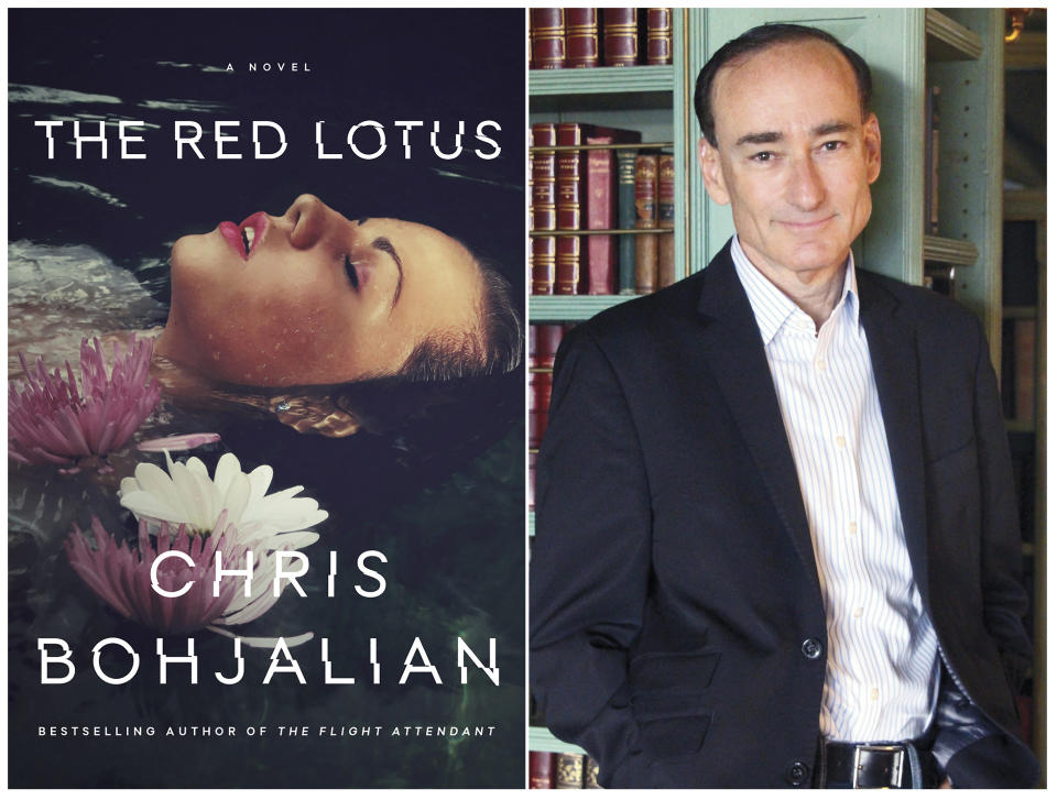 This combination photo shows the cover of "The Red Lotus," left, and author Chris Bohjalian. Novels coming out now and written before the coronavirus pandemic use plagues to explore everything from gender roles to our own failure to anticipate the worst. (Doubleday, left, and Victoria Blewer via AP)