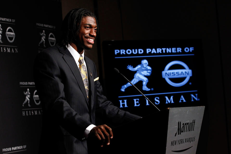 NEW YORK, NY - DECEMBER 10: Heisman Memorial Trophy Award winner Robert Griffin III of the Baylor Bears speaks at a press conference at The New York Marriott Marquis on December 10, 2011 in New York City. (Photo by Jeff Zelevansky/Getty Images)