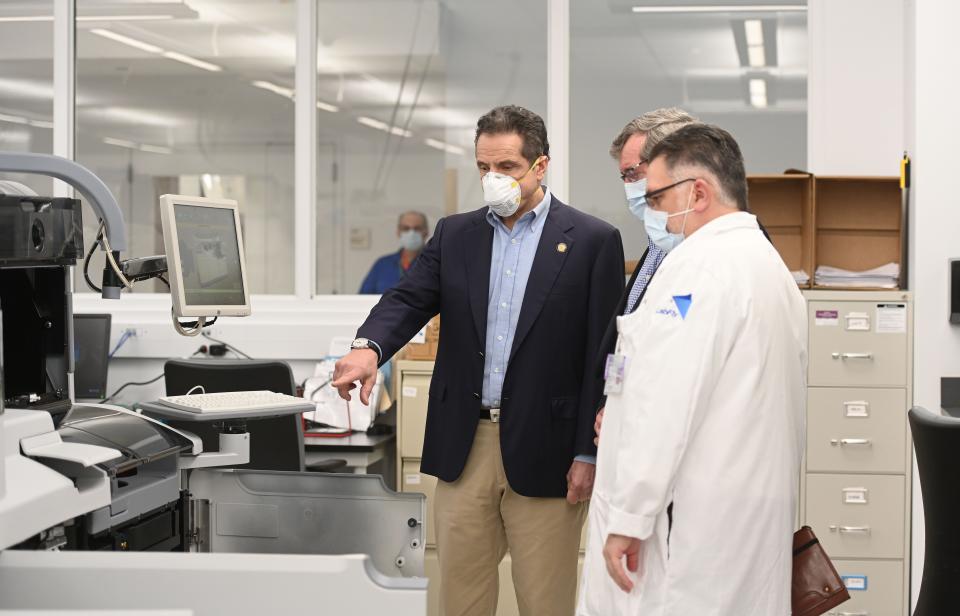 Gov. Andrew M. Cuomo, joined by Northwell Health President and CEO Michael Dowling, tours the Northwell Health Core Lab in New Hyde Park before delivering his daily COVID-19 Coronavirus briefing on April 19, 2020.