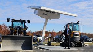 CEO Desmond Wheatley addresses attendees at clean construction showcase where Beam Global powers Volvo CE fully electric heavy equipment. The clean technology showcase was hosted by the U.S. Fish and Wildlife Service.