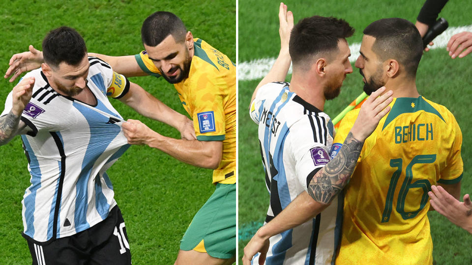Pictured here, Socceroos defender Aziz Behich and Argentina forward Lionel Messi in a scuffle during the World Cup round of 16 clash. 