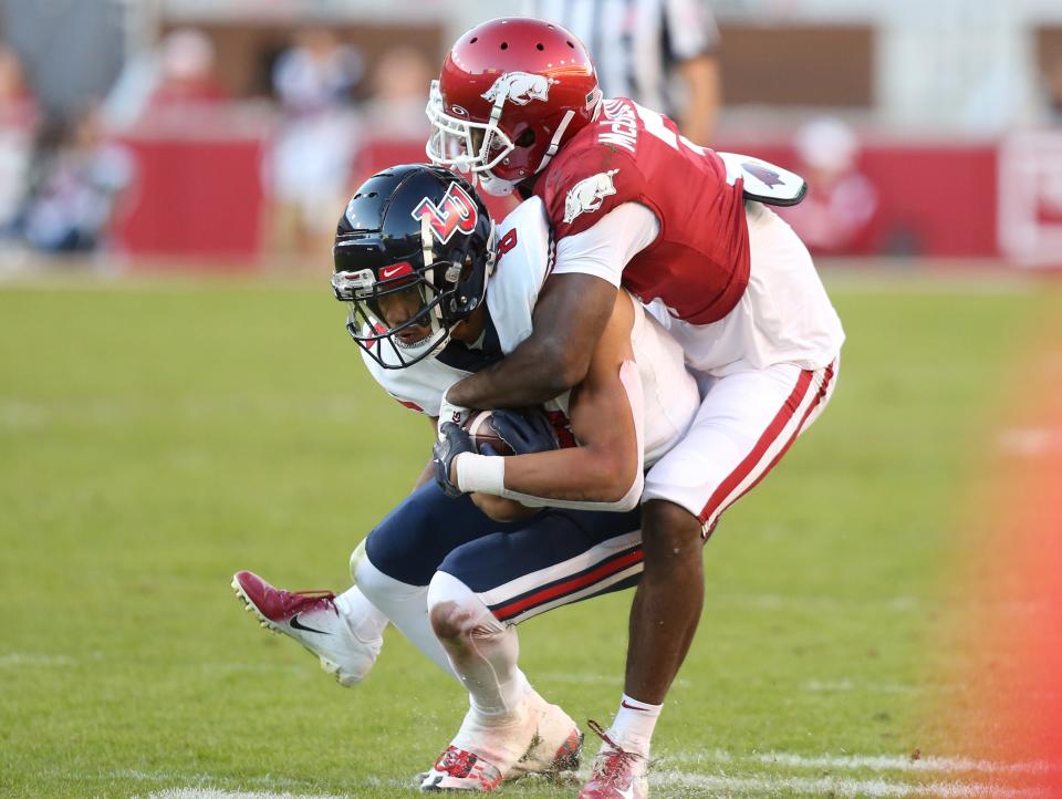 <span>The 6-foot-2, 188-pound senior will also be facing his former school in this matchup. He led the Razorbacks with four interceptions a year ago, but has been hampered by injuries this year. He missed the Kent State game, but came back to make three tackles against BYU.</span>