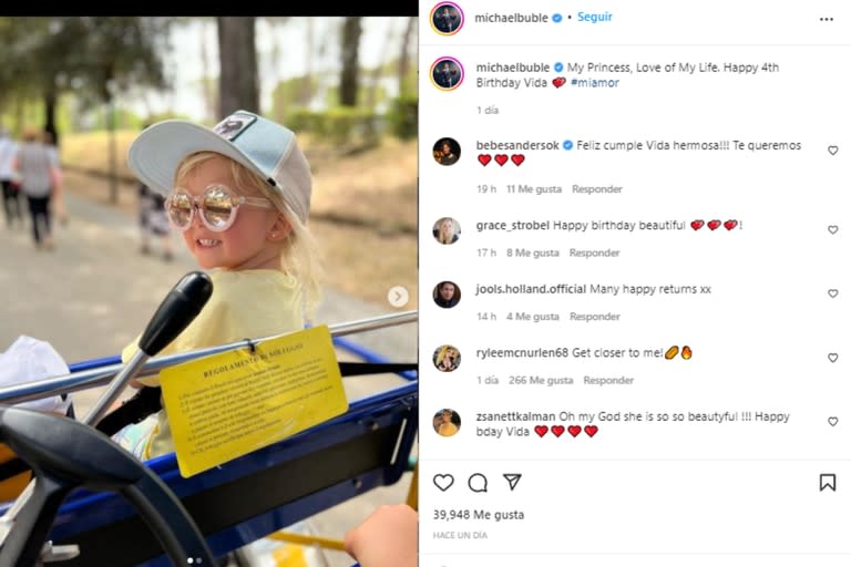 Michael Bublé compartió una foto de su hija con un look canchero con una gorra y anteojos de sol (Foto: Instagram @michaelbuble)