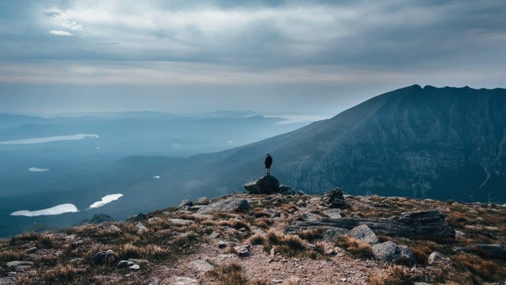 This image has a man standing on a mountain looking off in the distance while climbing Katahdin in Baxter State Park in Maine.