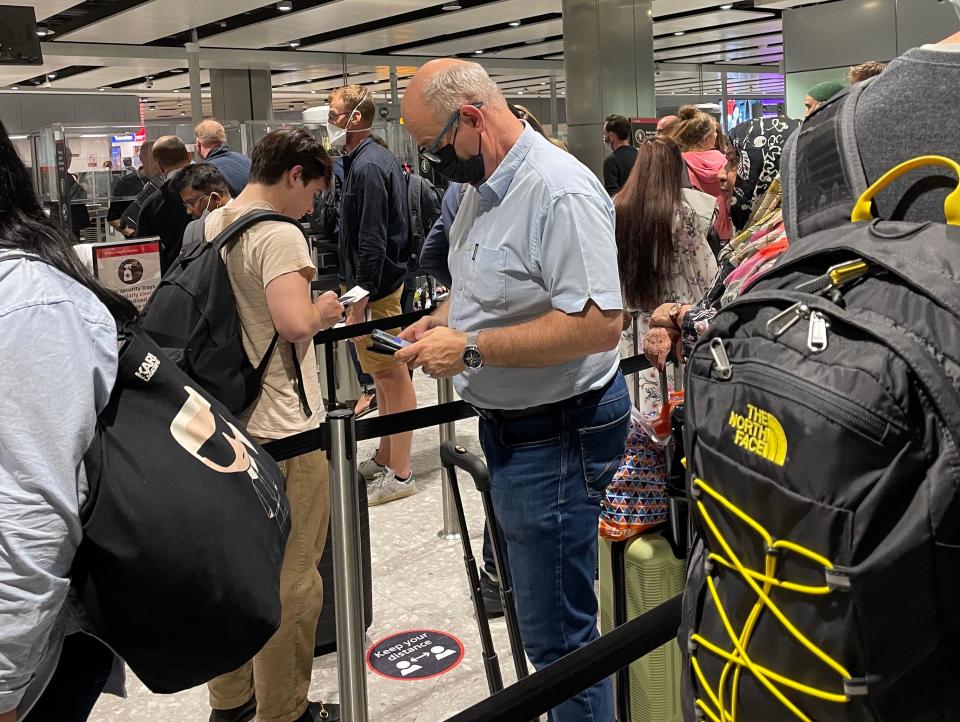 Long queues at security at Heathrow Airport Terminal 3 around 6 p.m. on a Monday