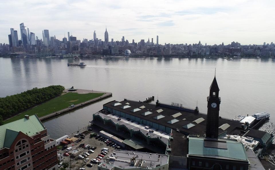 Drone image of the Hoboken Terminal and Manhattan skyline on Thursday, June 25, 2020, in Hoboken. Gov. Phil Murphy announced Wednesday that full NJ Transit train and light rail service will resume on July 6.