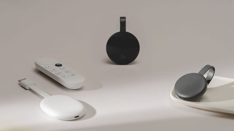  Chromecast with Google TV, Chromecast Ultra and a Chromecast 